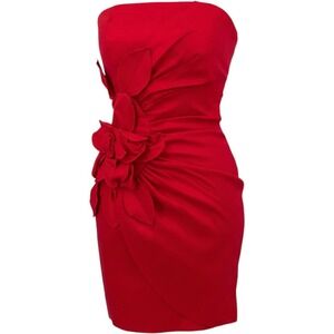 VTG Cache Dress Womens 4 Red Glam Strapless Mini 3D Floral Rosette Cocktail‎ Y2K